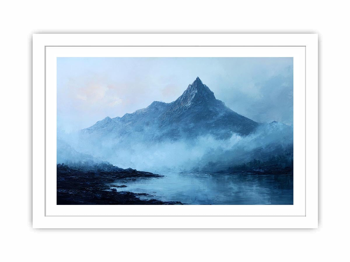 Moody blue mountain canvas art with mist and lake reflection for calm office decor.