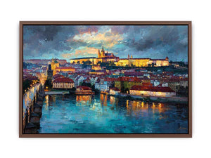 European Prague cityscape canvas art with river reflections for elegant living room decor.