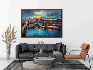 European Prague cityscape canvas art with river reflections for elegant living room decor.