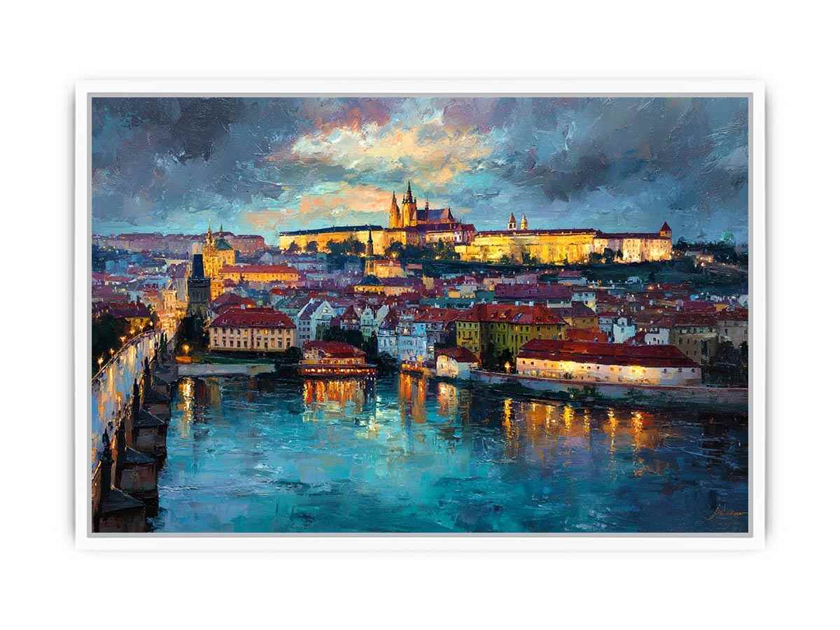 European Prague cityscape canvas art with river reflections for elegant living room decor.