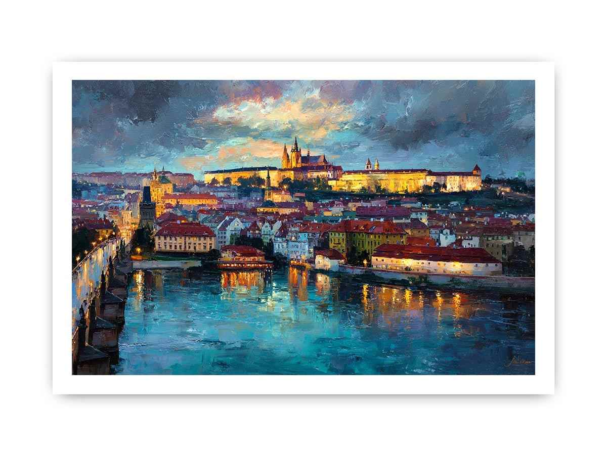 European Prague cityscape canvas art with river reflections for elegant living room decor.