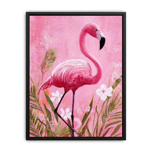 Pink flamingo canvas art with tropical flowers for nursery or playful bedroom decor.