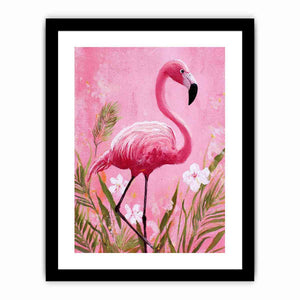 Pink flamingo canvas art with tropical flowers for nursery or playful bedroom decor.