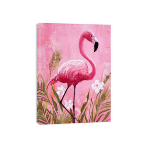 Pink flamingo canvas art with tropical flowers for nursery or playful bedroom decor.
