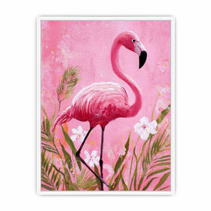 Pink flamingo canvas art with tropical flowers for nursery or playful bedroom decor.