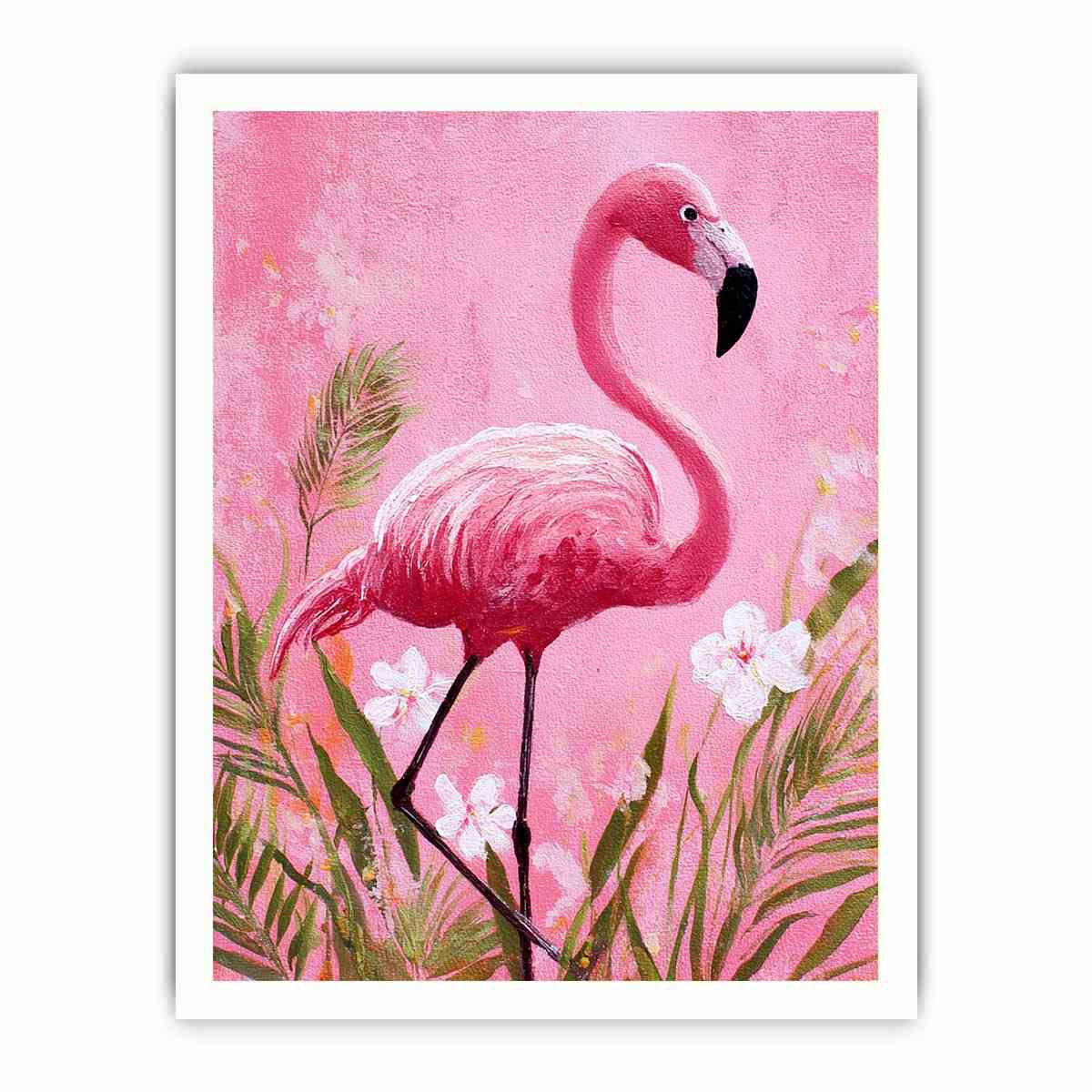 Pink flamingo canvas art with tropical flowers for nursery or playful bedroom decor.