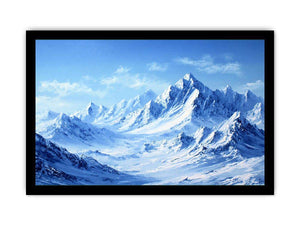 Snowy mountain range canvas art with blue alpine tones for modern living room decor.
