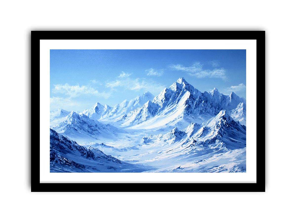 Snowy mountain range canvas art with blue alpine tones for modern living room decor.