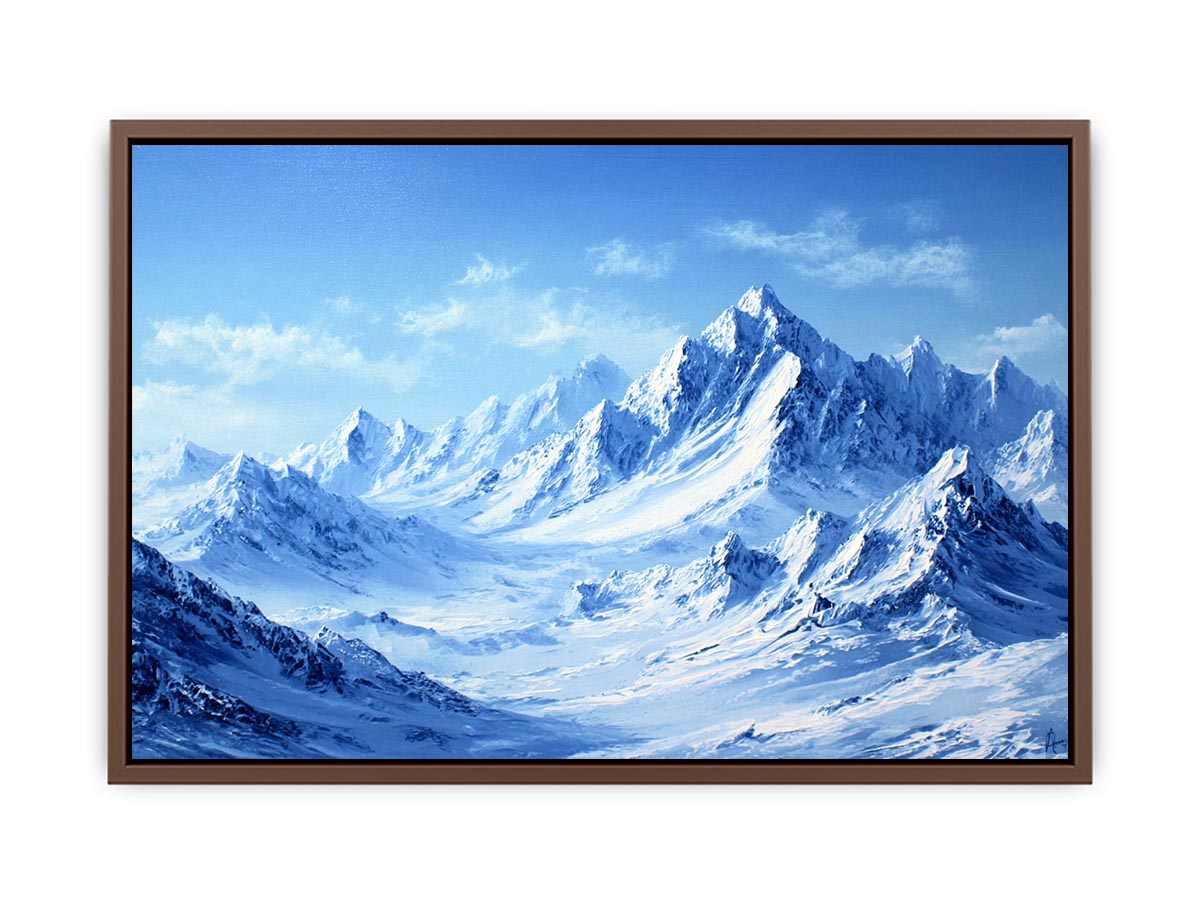 Snowy mountain range canvas art with blue alpine tones for modern living room decor.