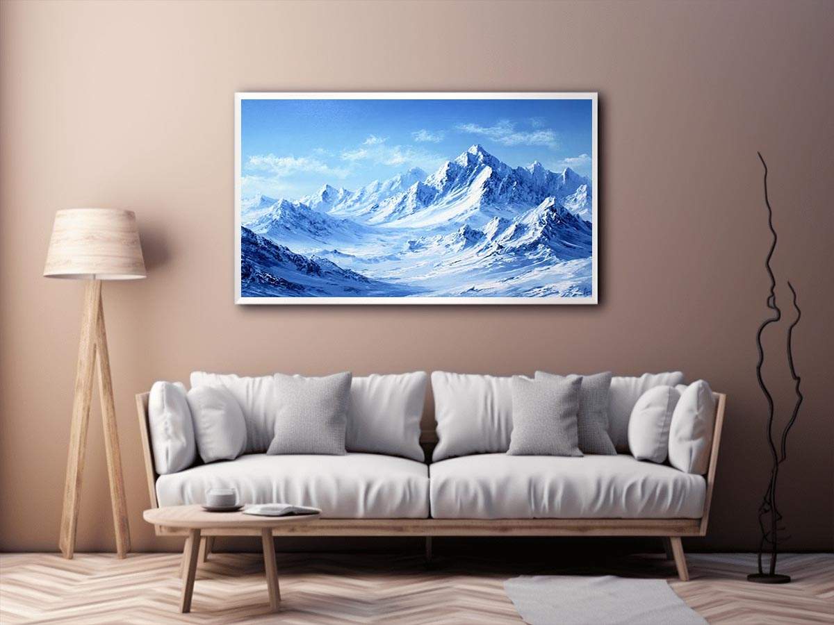 Snowy mountain range canvas art with blue alpine tones for modern living room decor.