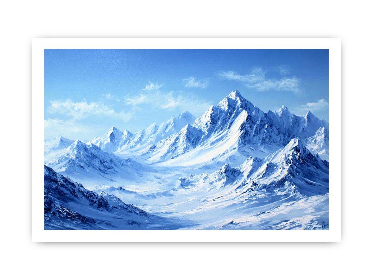 Snowy mountain range canvas art with blue alpine tones for modern living room decor.