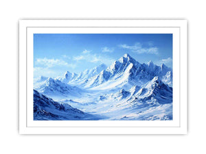 Snowy mountain range canvas art with blue alpine tones for modern living room decor.