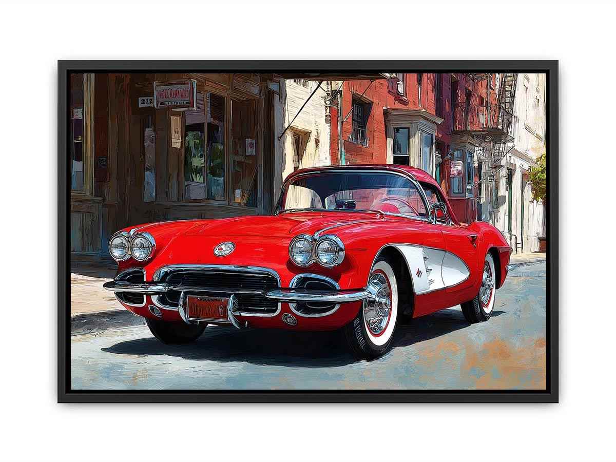 Red classic car canvas art with vintage street scene for office or mancave decor.