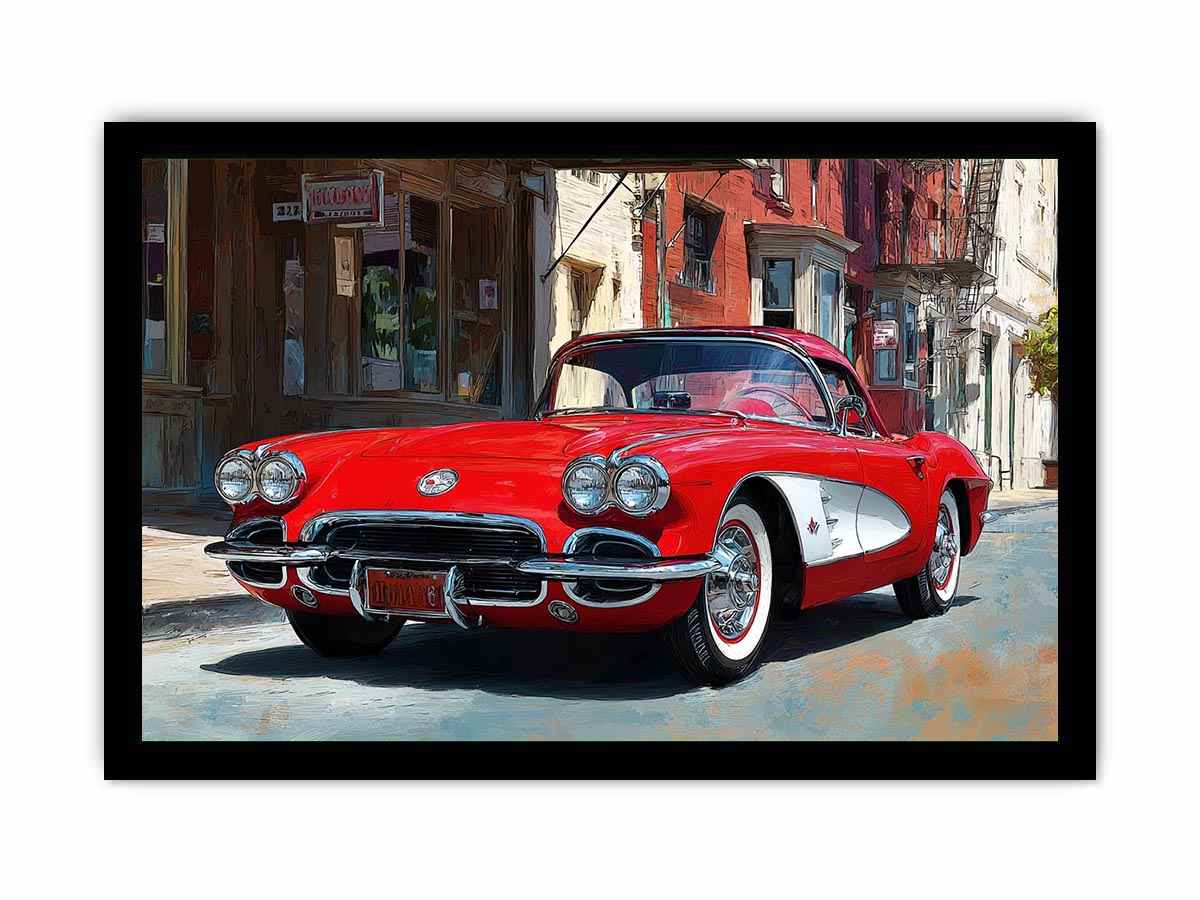 Red classic car canvas art with vintage street scene for office or mancave decor.