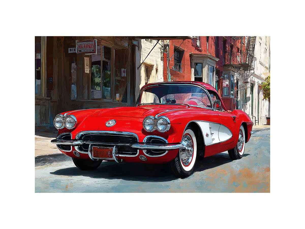 Red classic car canvas art with vintage street scene for office or mancave decor.