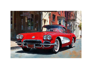 Red classic car canvas art with vintage street scene for office or mancave decor.