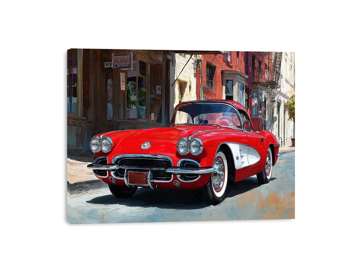 Red classic car canvas art with vintage street scene for office or mancave decor.