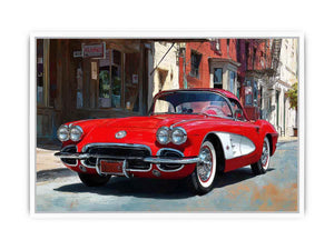 Red classic car canvas art with vintage street scene for office or mancave decor.