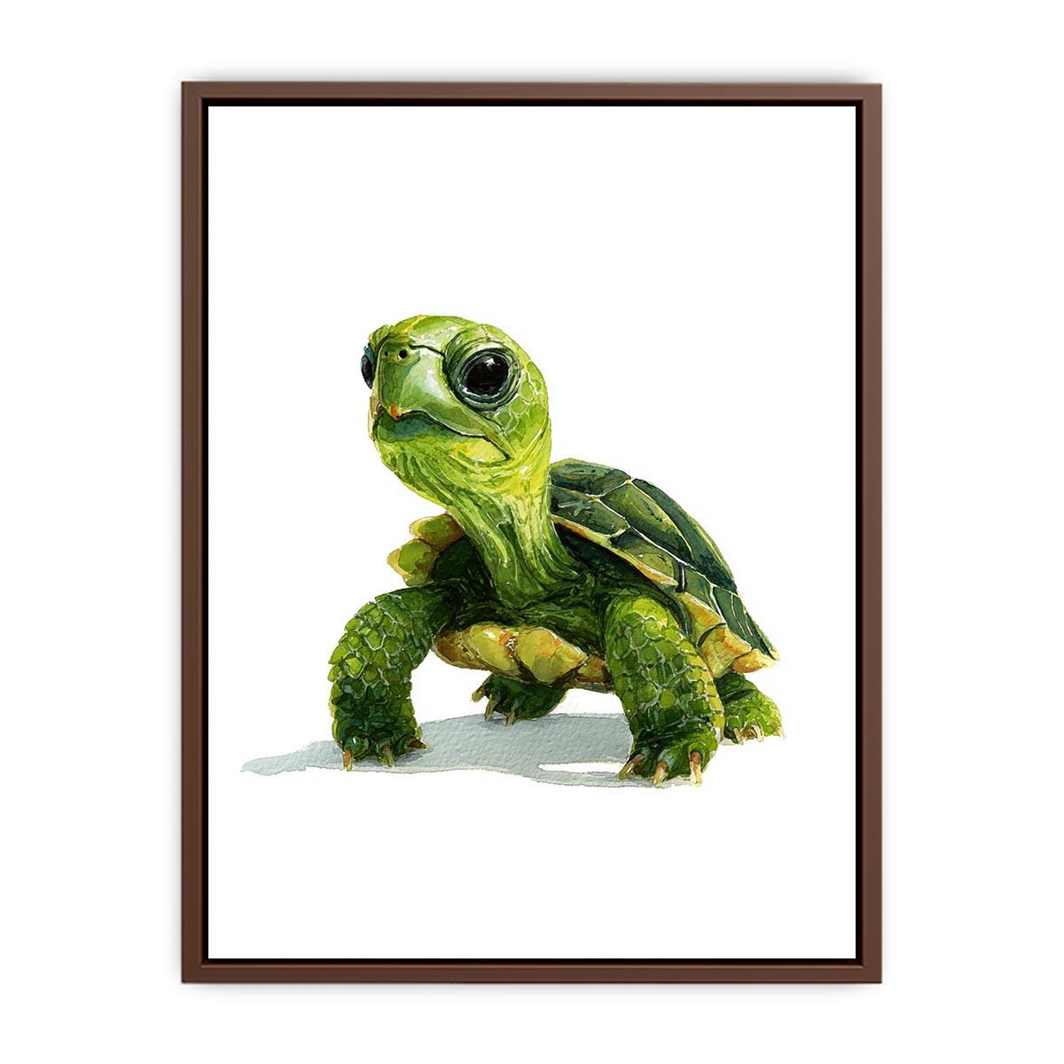 Cute green turtle canvas art on white background for nursery or kids room decor.
