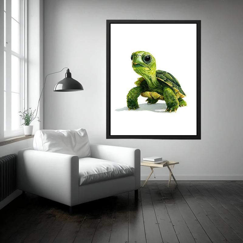 Cute green turtle canvas art on white background for nursery or kids room decor.