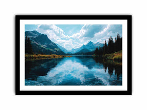 Crystal mountain lake canvas art with forest reflections for modern living room decor.