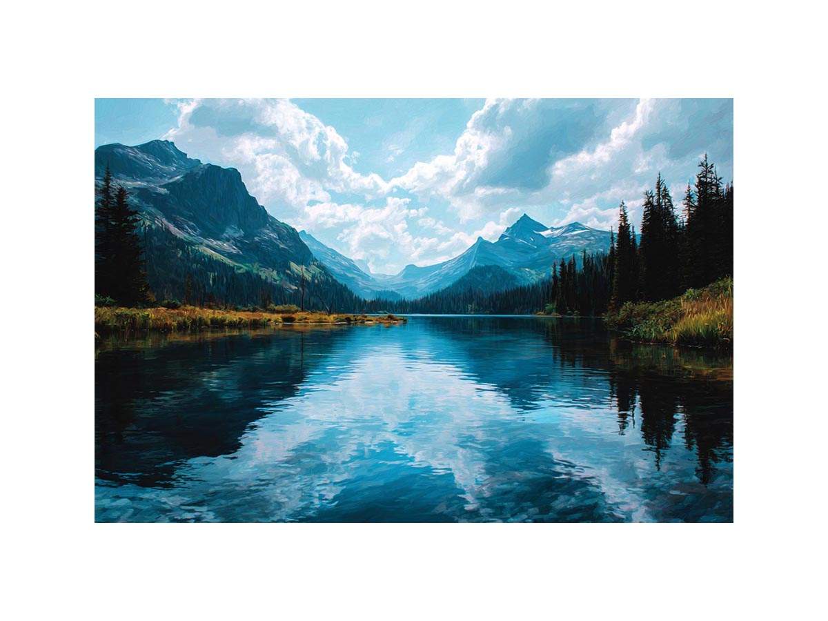 Crystal mountain lake canvas art with forest reflections for modern living room decor.