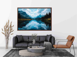 Crystal mountain lake canvas art with forest reflections for modern living room decor.
