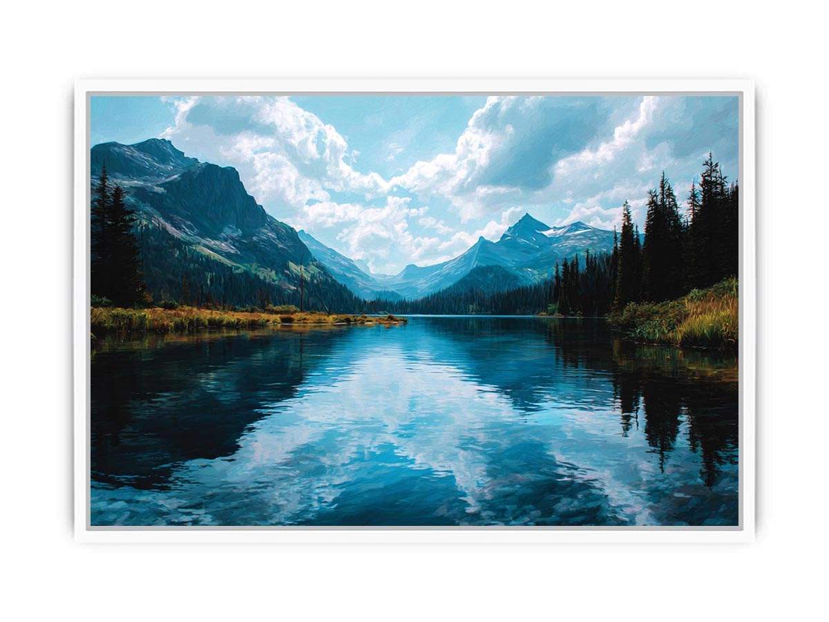 Crystal mountain lake canvas art with forest reflections for modern living room decor.