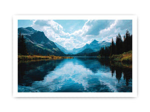Crystal mountain lake canvas art with forest reflections for modern living room decor.
