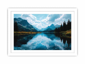 Crystal mountain lake canvas art with forest reflections for modern living room decor.