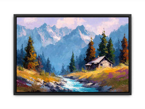 Rustic alpine cabin canvas art with mountain stream for cozy living room decor.