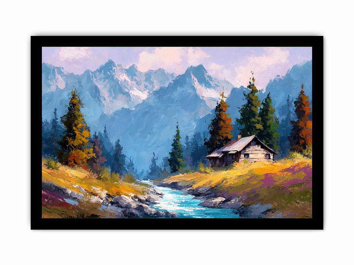 Rustic alpine cabin canvas art with mountain stream for cozy living room decor.