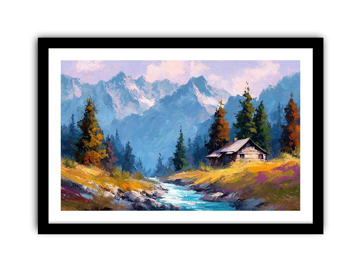 Rustic alpine cabin canvas art with mountain stream for cozy living room decor.