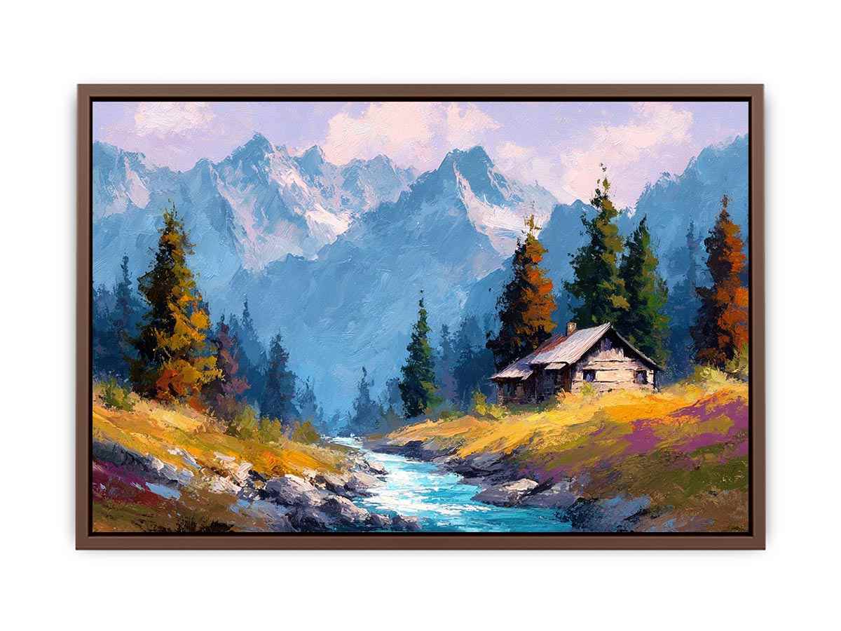 Rustic alpine cabin canvas art with mountain stream for cozy living room decor.