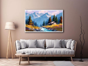 Rustic alpine cabin canvas art with mountain stream for cozy living room decor.