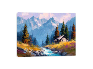 Rustic alpine cabin canvas art with mountain stream for cozy living room decor.