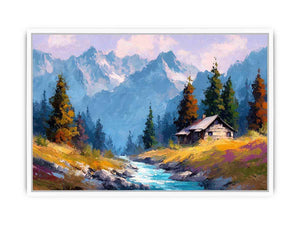 Rustic alpine cabin canvas art with mountain stream for cozy living room decor.