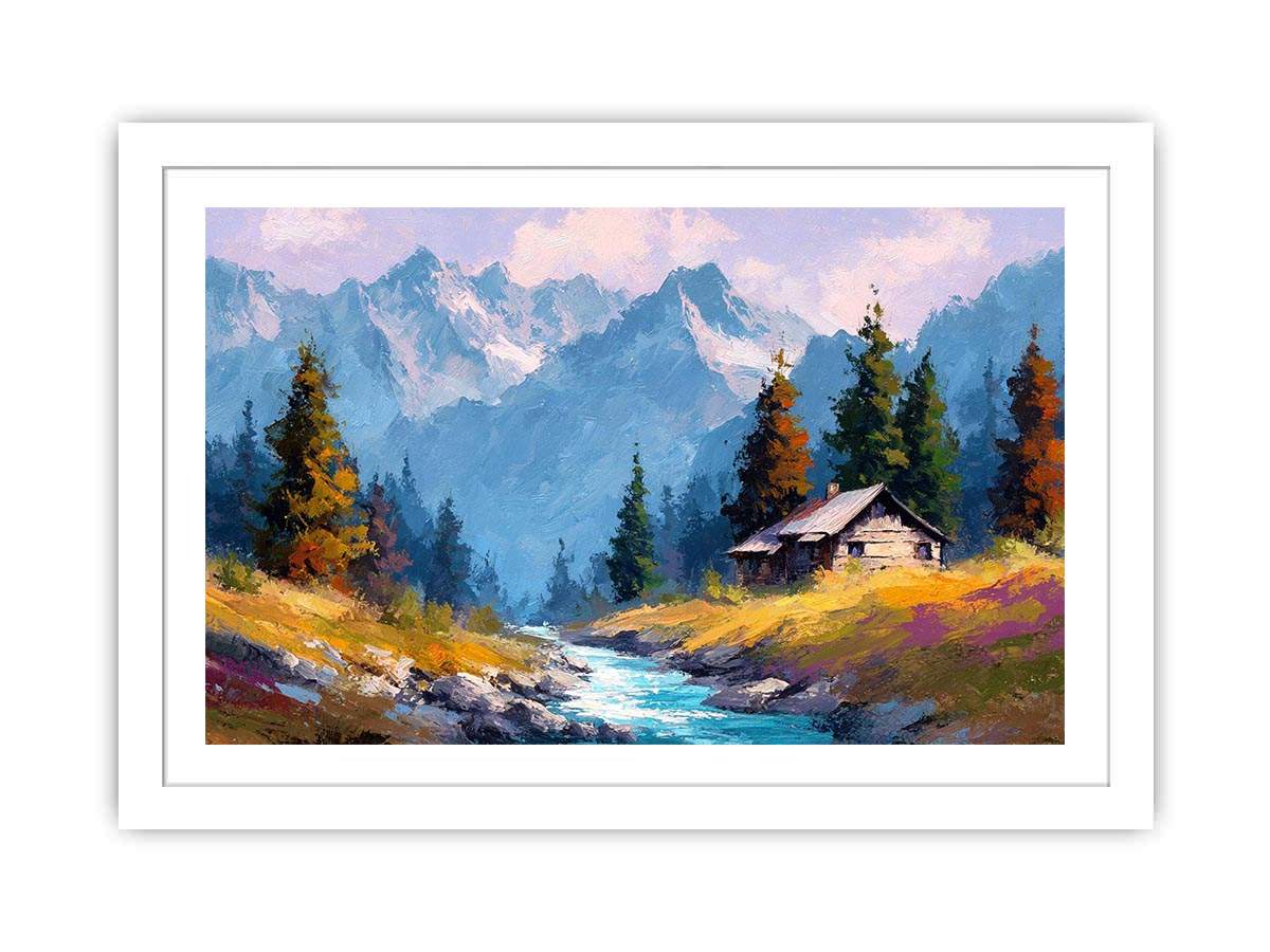 Rustic alpine cabin canvas art with mountain stream for cozy living room decor.