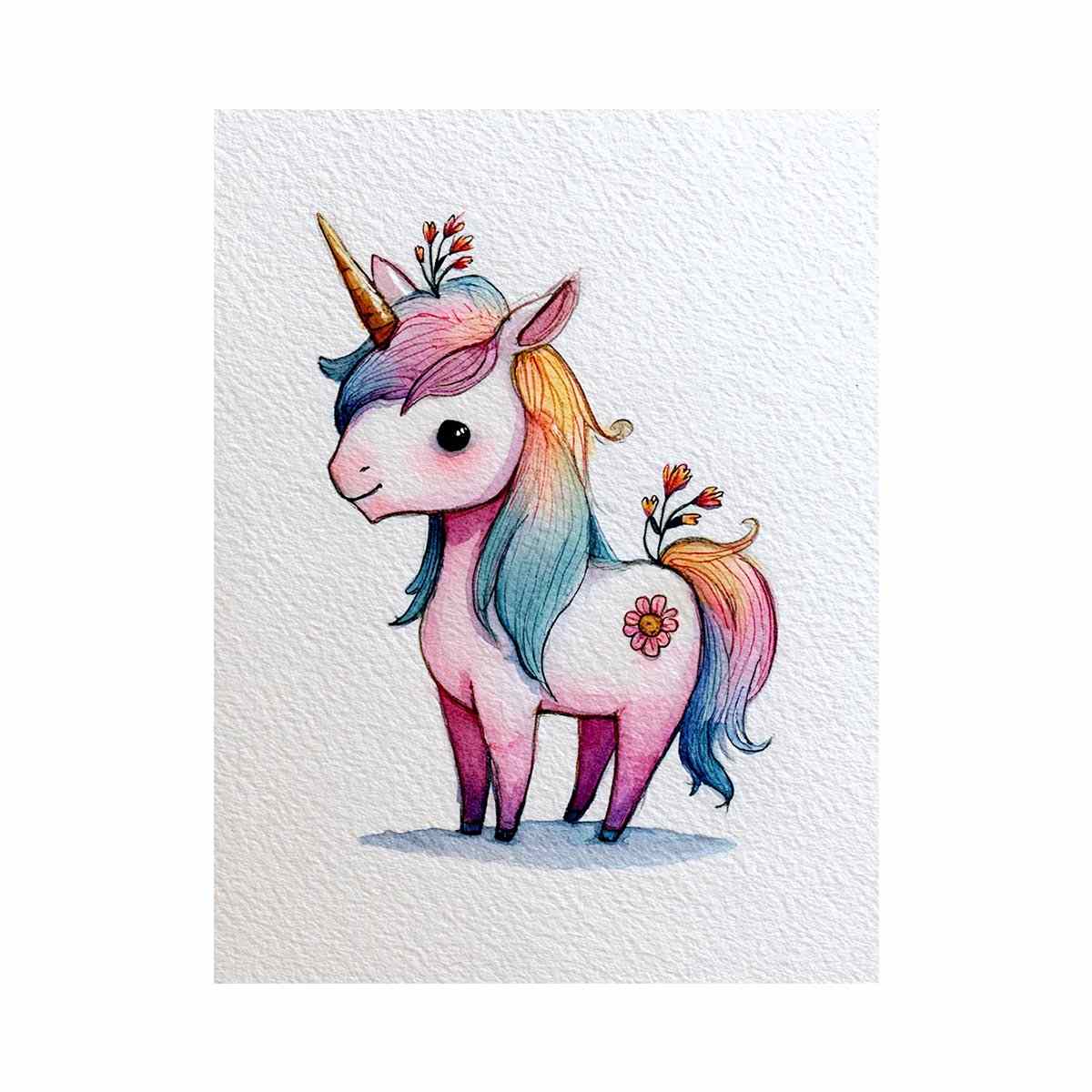 Pastel unicorn canvas art with rainbow mane and flowers for nursery decor.