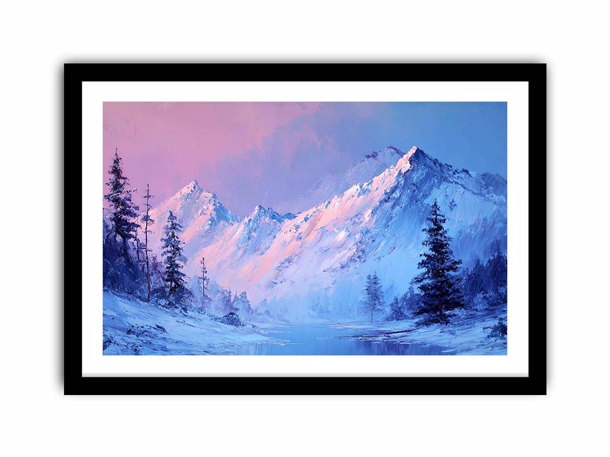 Blue and blush mountain landscape canvas art for serene modern living room decor.