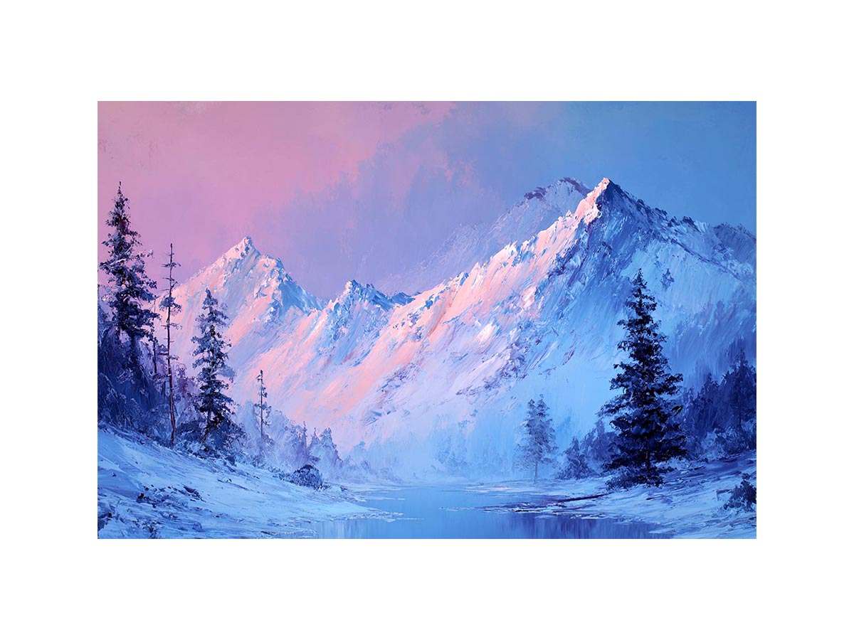 Blue and blush mountain landscape canvas art for serene modern living room decor.