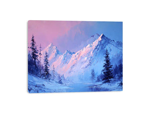 Blue and blush mountain landscape canvas art for serene modern living room decor.