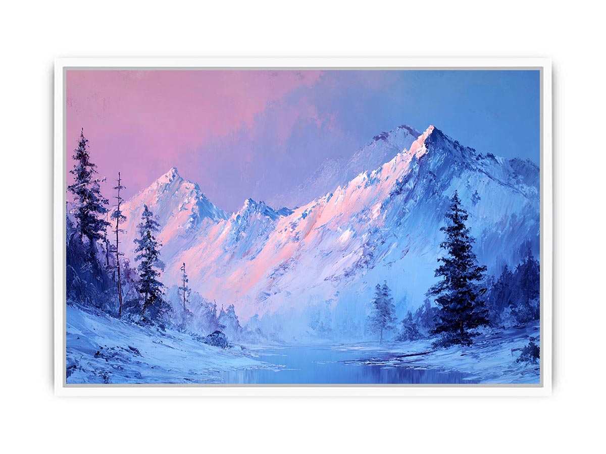 Blue and blush mountain landscape canvas art for serene modern living room decor.