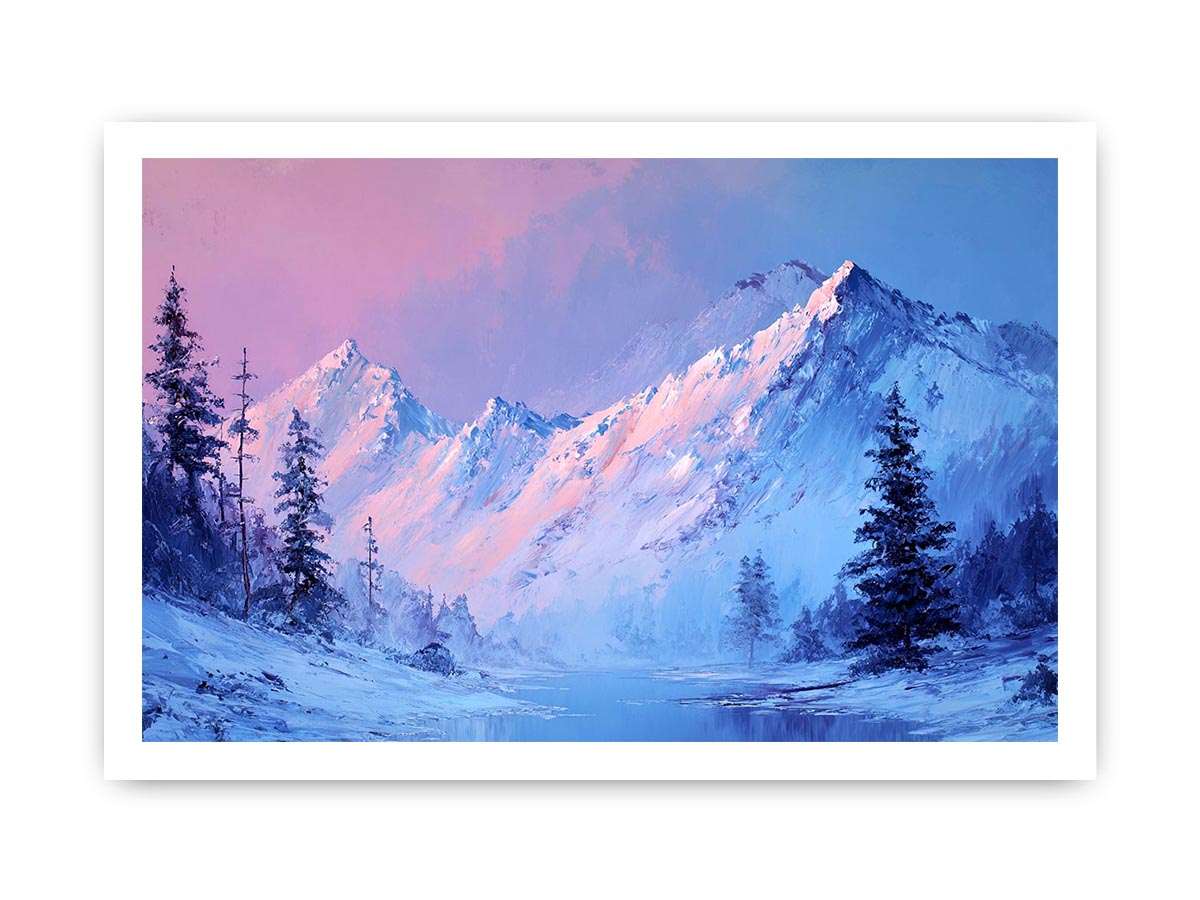 Blue and blush mountain landscape canvas art for serene modern living room decor.