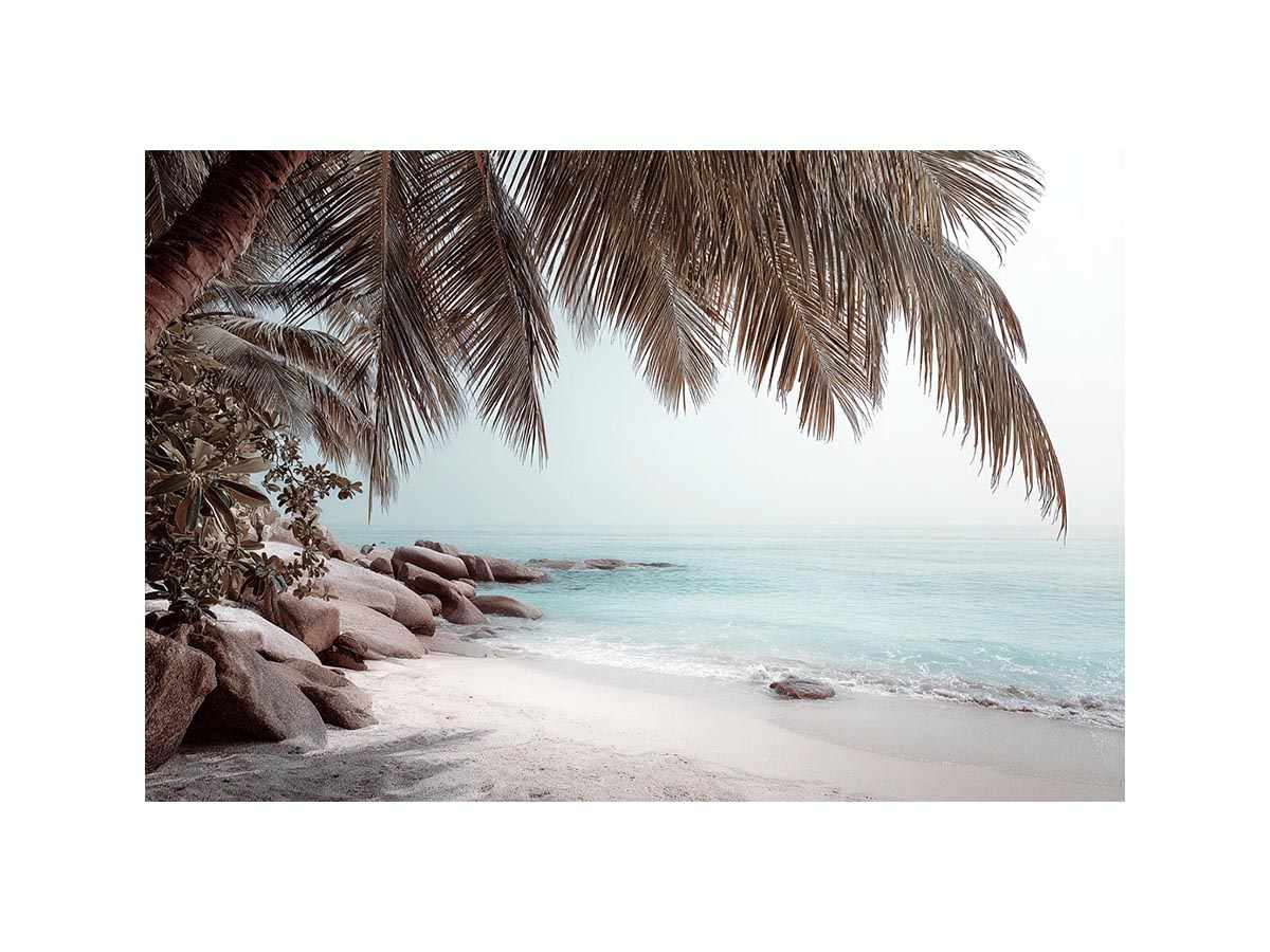 Coastal palm beach canvas art with soft aqua water for relaxed living room decor.