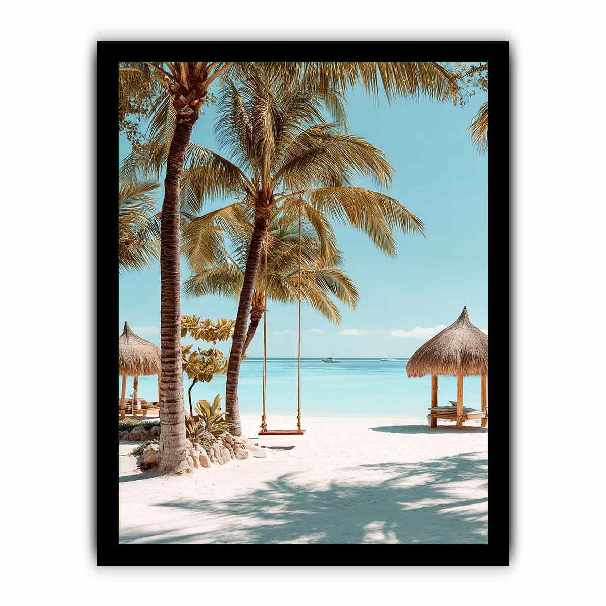 Tropical beach canvas art with palm trees and swing for airy bedroom decor.