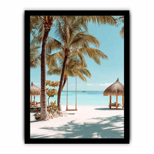 Tropical beach canvas art with palm trees and swing for airy bedroom decor.