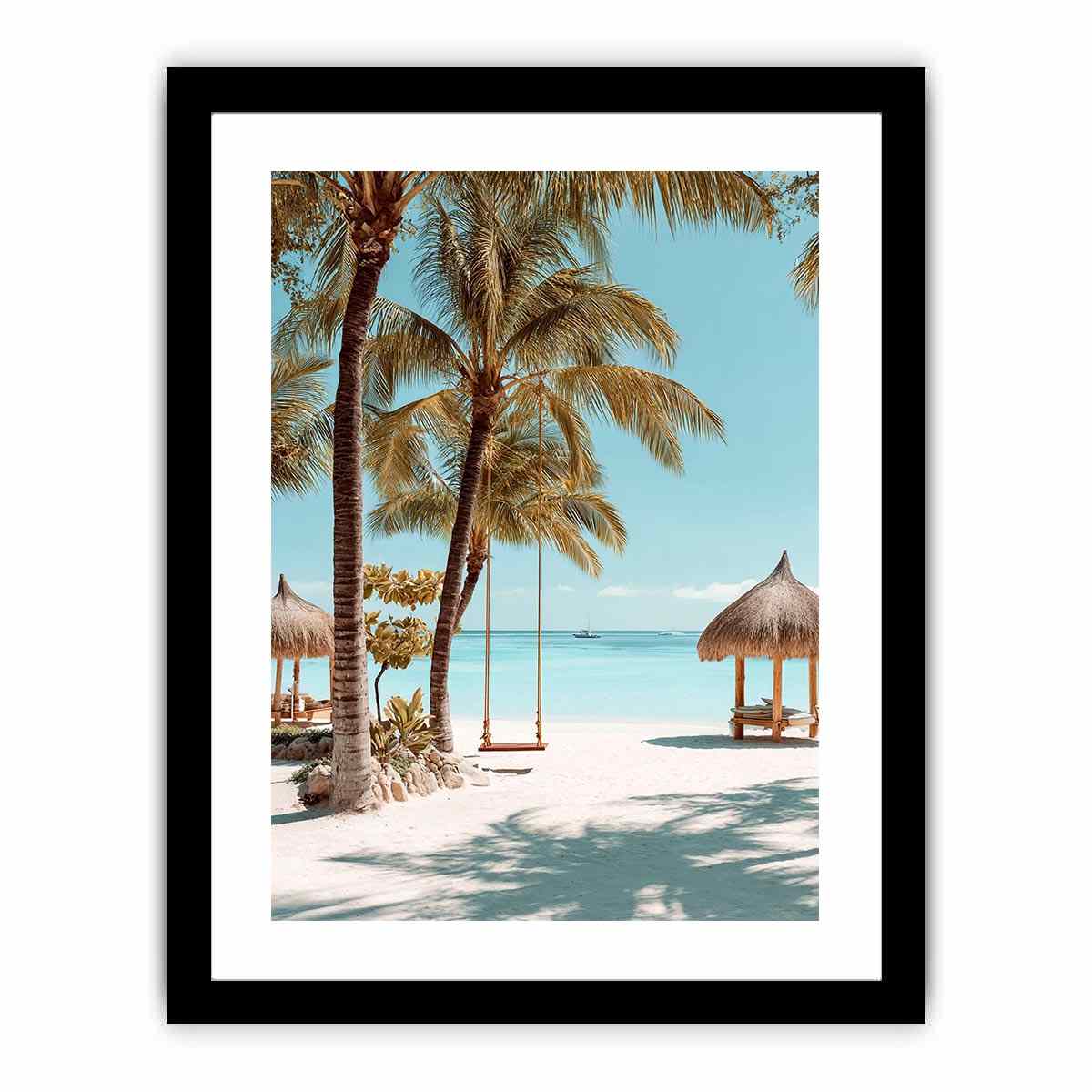 Tropical beach canvas art with palm trees and swing for airy bedroom decor.
