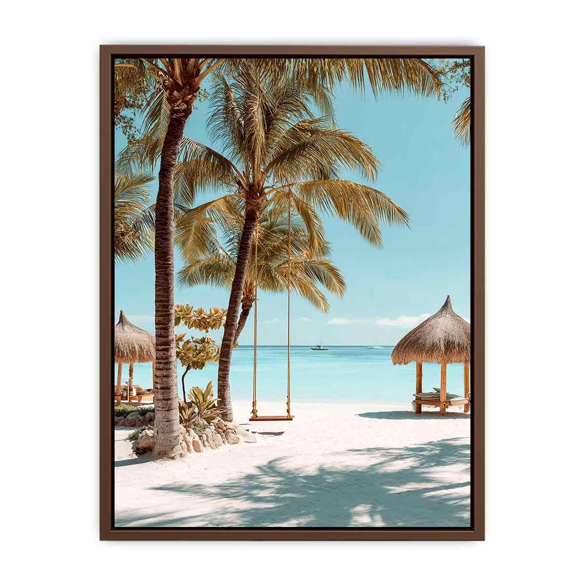 Tropical beach canvas art with palm trees and swing for airy bedroom decor.