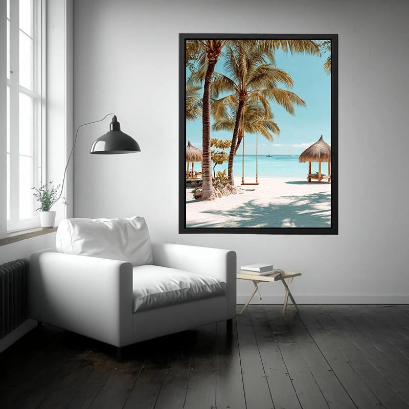 Tropical beach canvas art with palm trees and swing for airy bedroom decor.